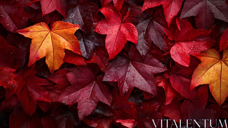 High-contrast macro study of wet autumn maple leaves in varied hues
