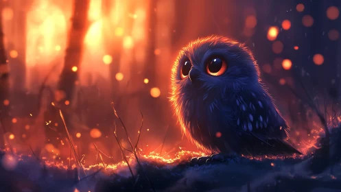 Firelit forest owl with ember-bright eyes in twilight glow.