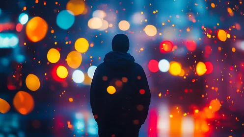 Silhouetted figure stands before defocused urban night lights