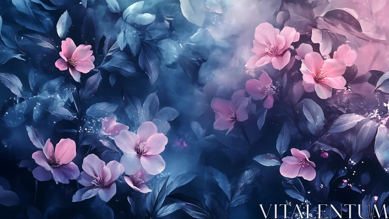 Pink and Blue Fantasy Flowers Digital Artwork.