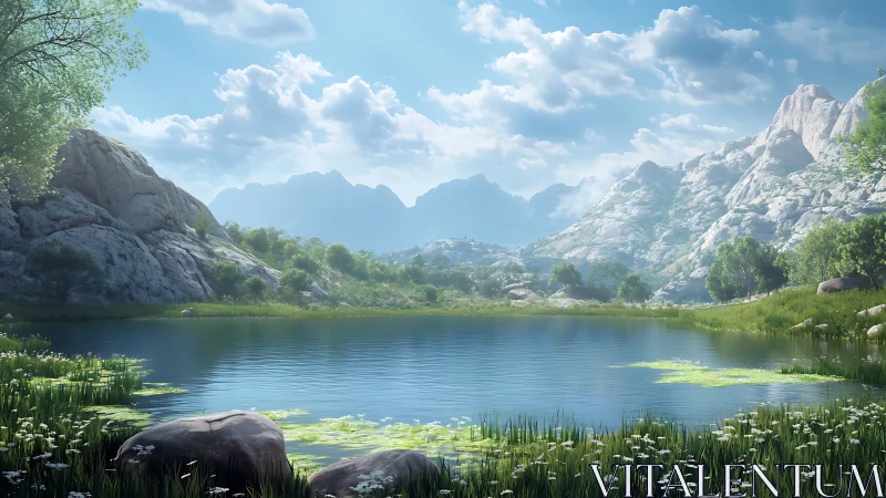 Mountain lake serenity under soft midday skylight.