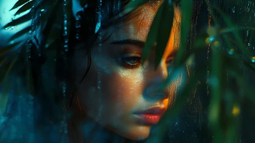 Cinematic portrait isolates a rainlit face behind wet foliage
