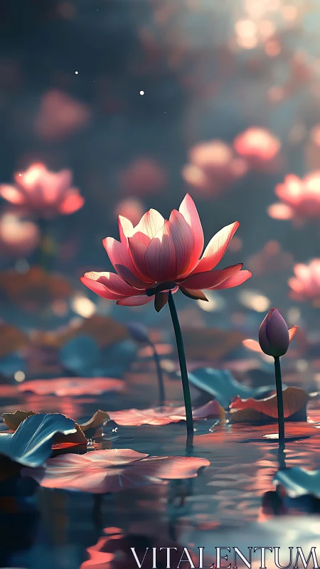 Serene pink lotus blooms quietly in a dreamy twilight pond