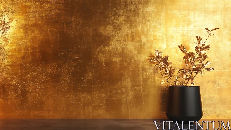 Golden wall with black vase creates minimal luxury contrast