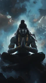 Divine blue yogi meditates amid storm-lit celestial clouds.