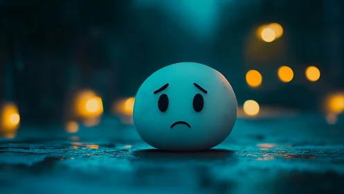 Spherical emoticon object rests on wet surface at night