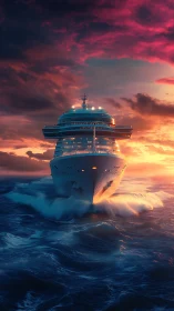 Cruise ship bow cutting through ocean at vivid sunset sky.