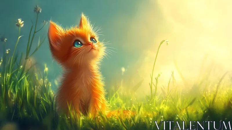 Ginger Kitten in Meadow. Golden Fur Meets Spring Flowers.