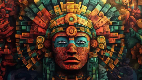 Aztec-inspired digital mask renders in saturated geometric relief