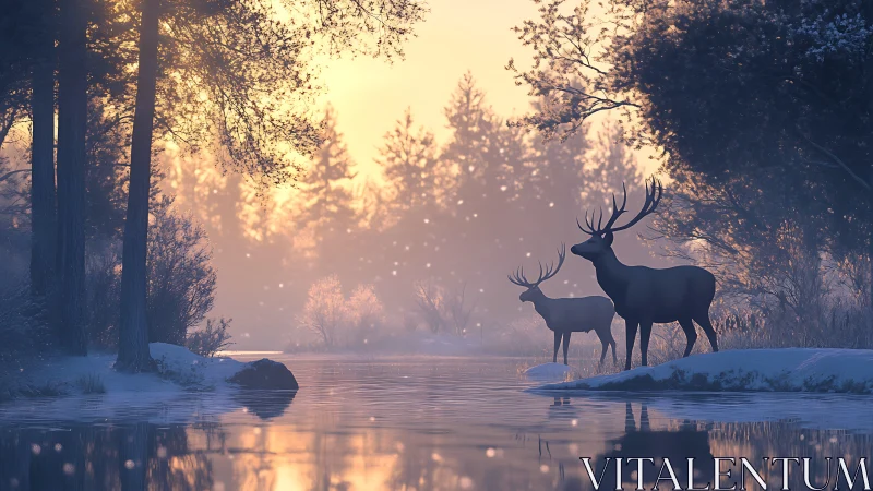 Stags stand by a frozen river in soft winter sunset light.