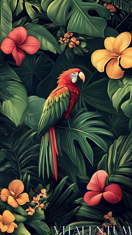 Radiant scarlet macaw resting in lush tropical blooms.