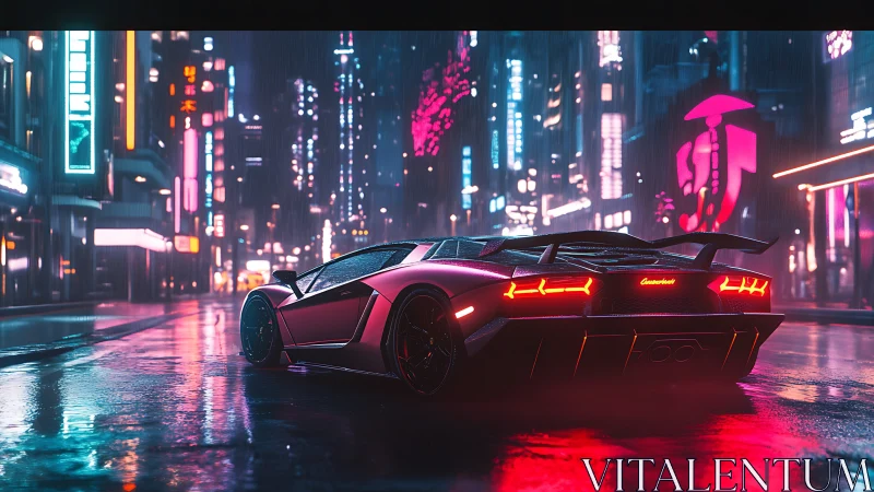 Neon soaked supercar glows against a futuristic city night