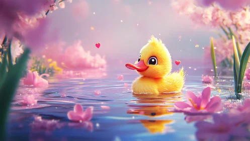 Yellow duck character floats on reflective water surface