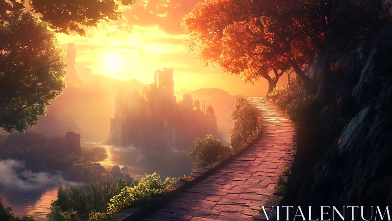 Sunlit stone path overlooks distant castle above river