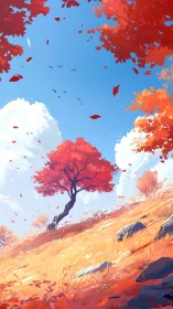 Crimson autumn tree leans into a bright and playful sky