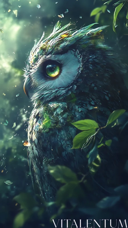 Forest spirit owl with luminous eye and leaf plumage.