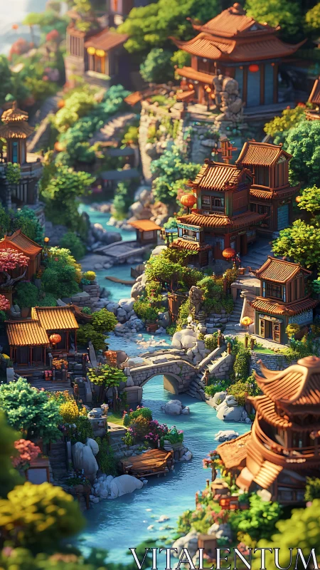 Miniature riverside village with ornate East Asian temples.