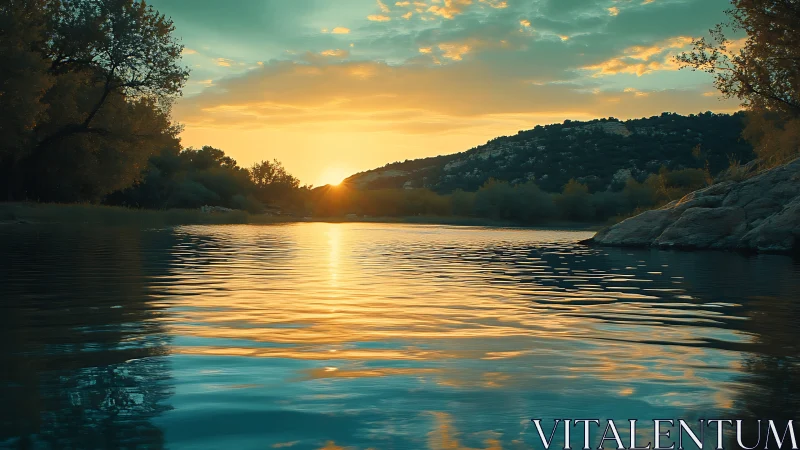 Low-angle lake sunset with reflective ripples and silhouetted hills