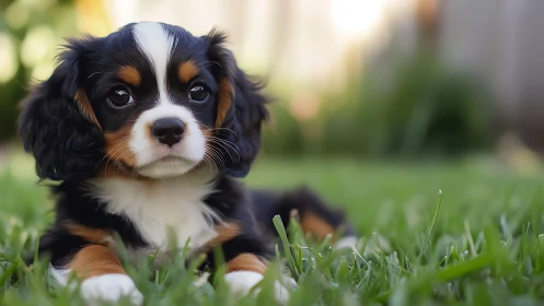 Tricolor puppy portrait on lawn with creamy bokeh background.