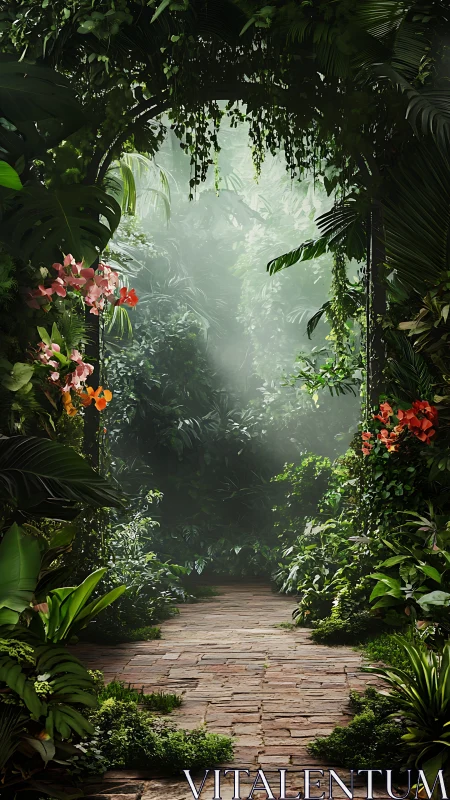 Lush stone pathway leading through misty botanical archway.