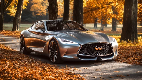 Photorealistic silver concept coupe in autumn forest setting.