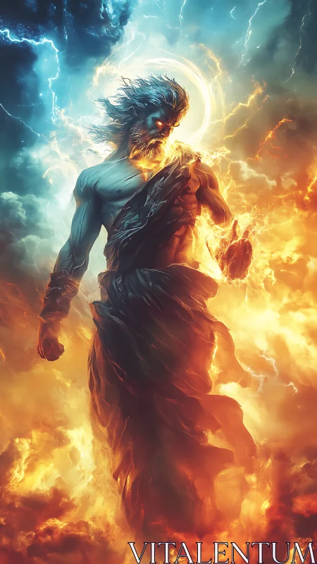 Mythic thunder deity rendered in bifurcated fire and storm light