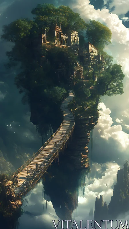 Skybridge to ancient cliff temple above luminous clouds.
