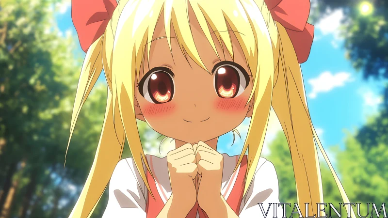 Sunlit twin-tails sparkle with hopeful, blushing delight