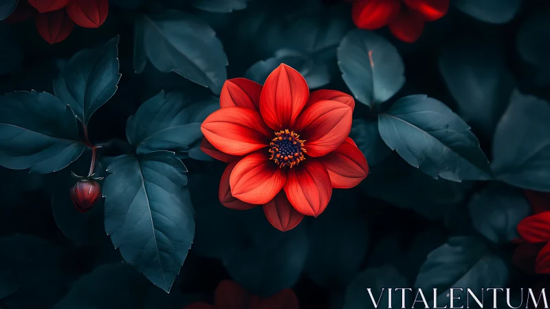 Red flower centered against dark teal foliage background.