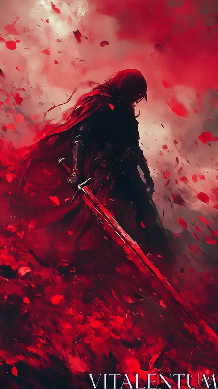 Hooded warrior stands in red storm with bloodlit sword.