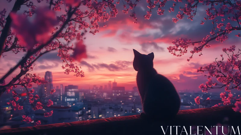 Black cat silhouette perches against neon sunset cityscape with pink cherry blossoms