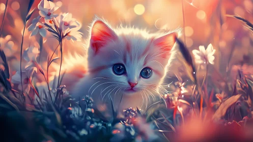 Ethereal White Kitten Surrounded by Glowing Wildflowers.