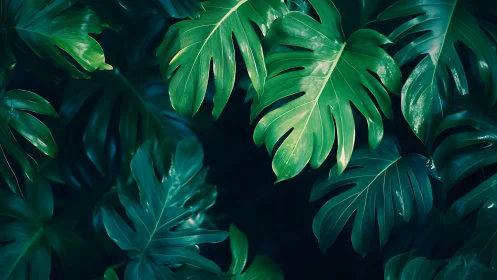 Monstera leaves overlap in dense emerald tropical canopy