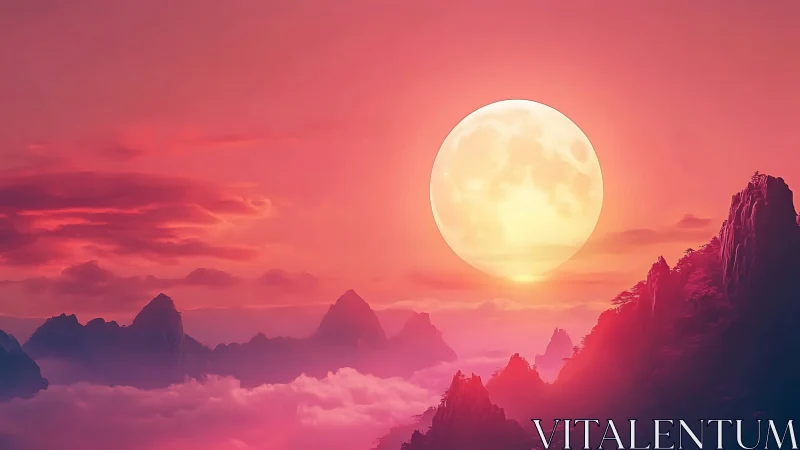 Surreal pink moonrise above misty mountain peaks at dusk.