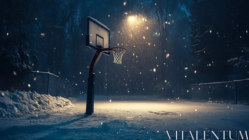 Snowy outdoor basketball hoop under night streetlight.