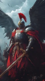 Winged paladin in crimson surcoat amid stormy battlefield.