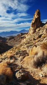 Desert ridge trail under towering sandstone spire at dusk