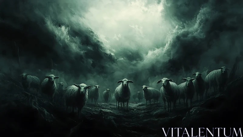 Sheep stand in eerie green mist under stormy night sky.