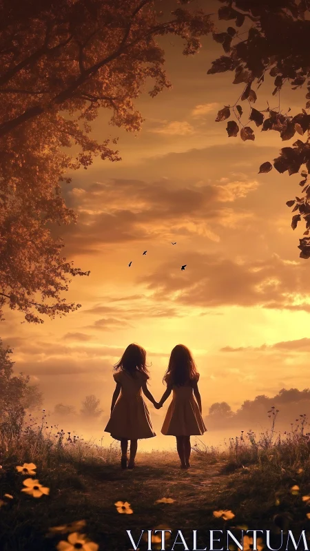 Sunset sisters wandering through a golden childhood hush.