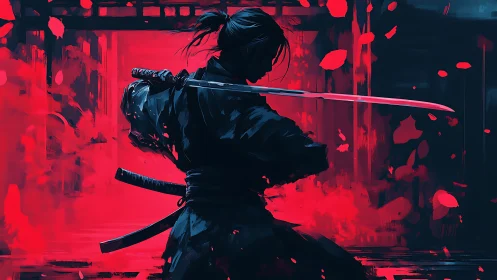 Silent samurai in crimson storm, pausing between heartbeats.