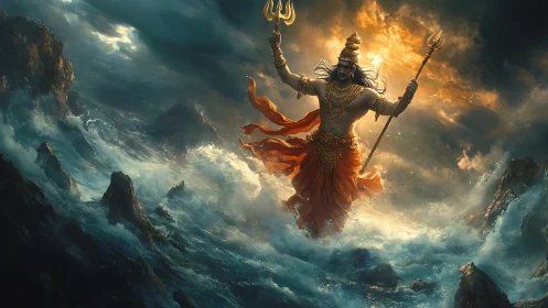 Storm-lord deity commanding raging celestial oceanscape.