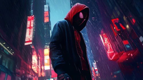 Cyberpunk hooded hero in neon-soaked rainy megacity streets.