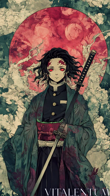 Katana-bearing anime warrior before textured crimson moon.