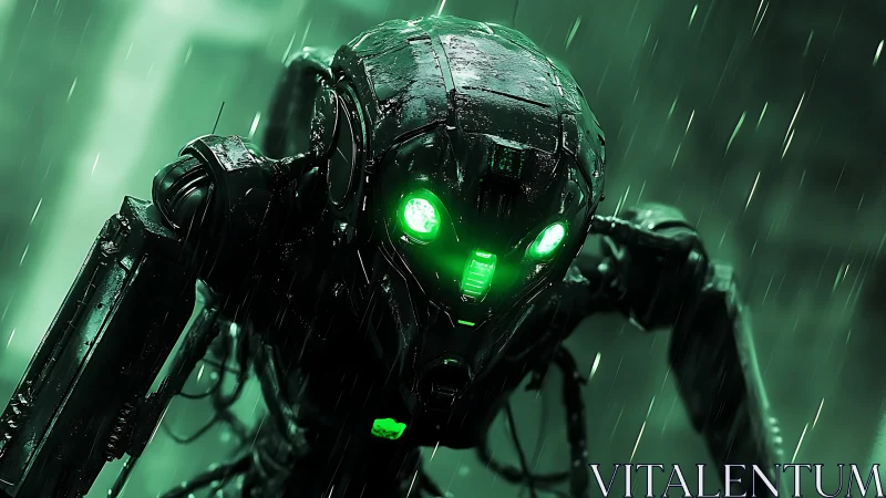 Rain‑drenched quadrupedal combat drone with luminous optics.