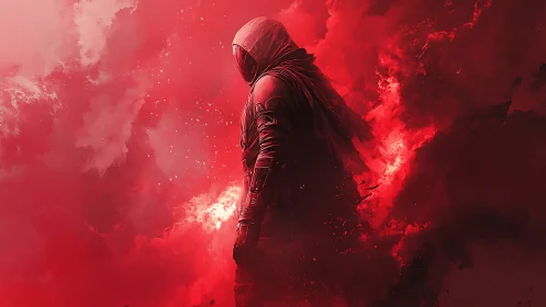 Hooded figure in red atmospheric digital environment.