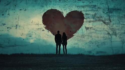 Two figures stand before heart on weathered turquoise wall.