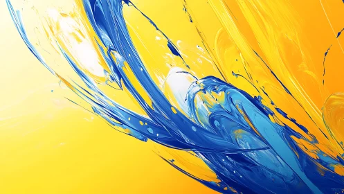 Vivid blue paint arcs across radiant yellow abstract field.