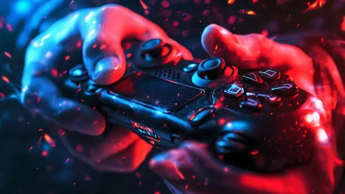 Immersive gaming controller close-up in vibrant neon light.