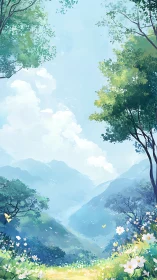 Mountain valley landscape with wildflowers and bright sky.