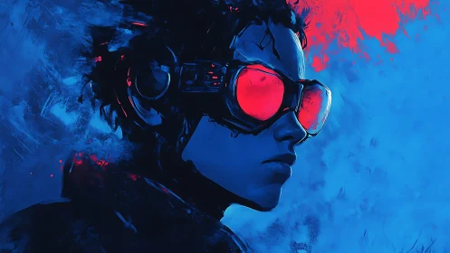 Neon-lit cyber rebel gazes ahead in bold electric colors